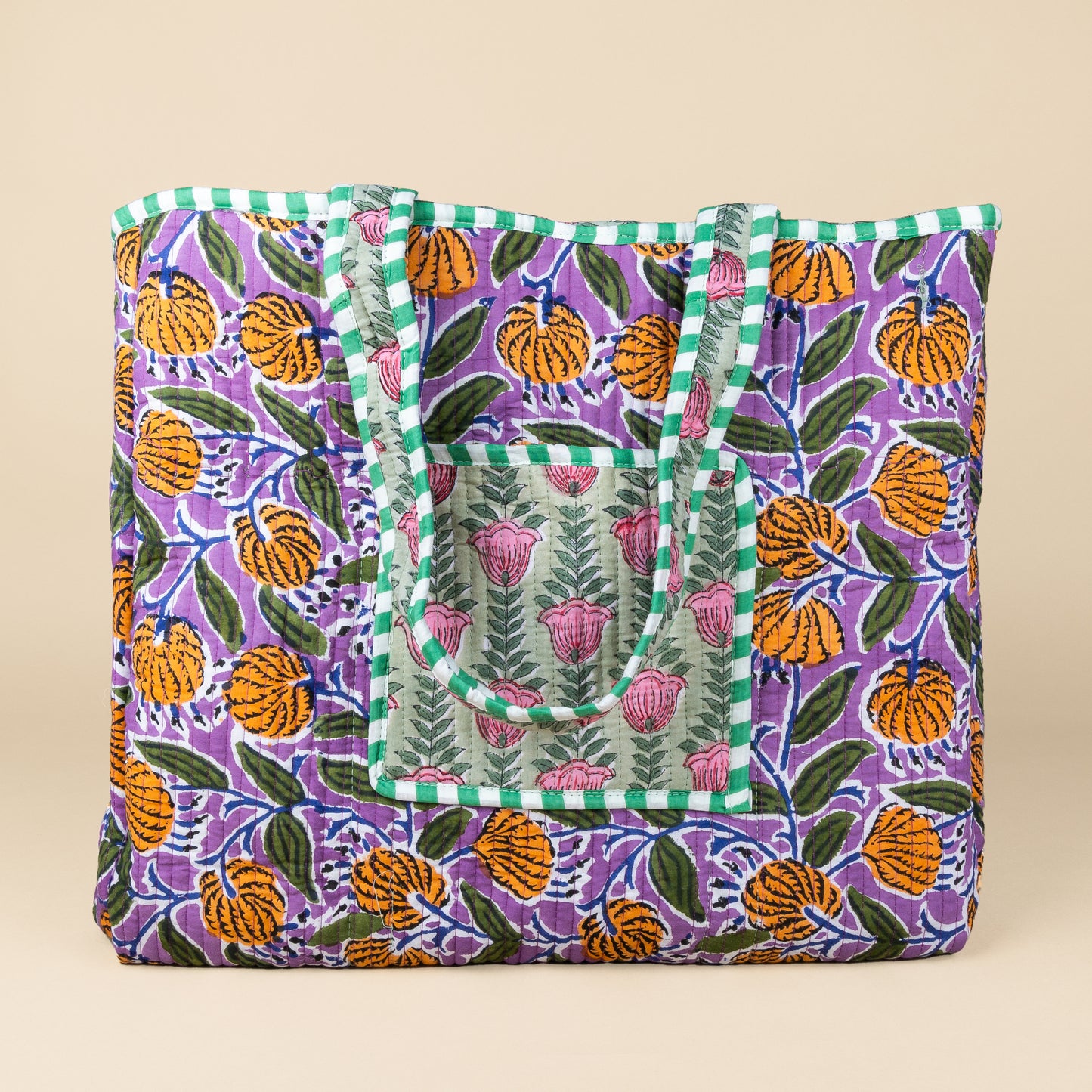 Tote Bag - Green - Lilac - Zipper - No.7