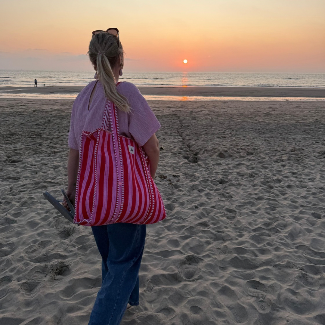 Tote bag - Rood - Roze - Strepen - inclusief toilettas -Rits
