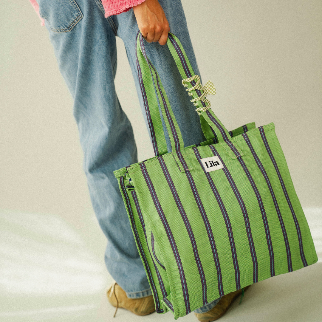 Recycled Nylon Tote - Green Blue Stripe