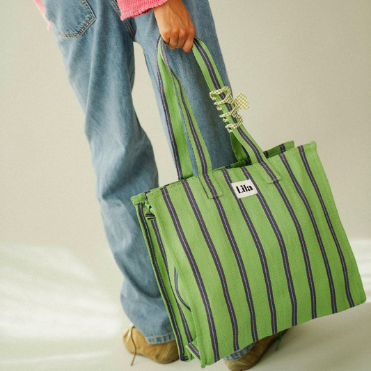 Recycled Nylon Tote - Green Blue Stripe