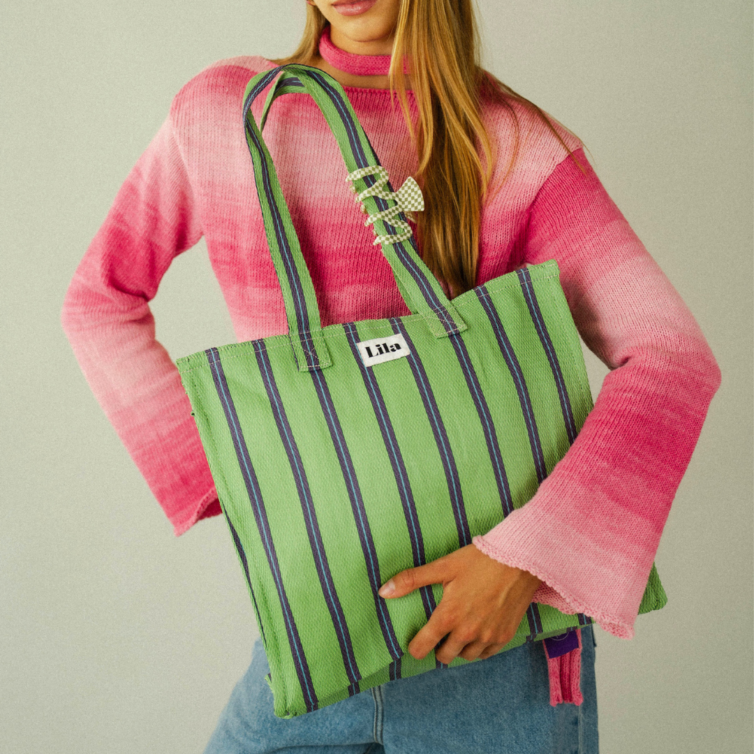Recycled Nylon Tote - Green Blue Stripe