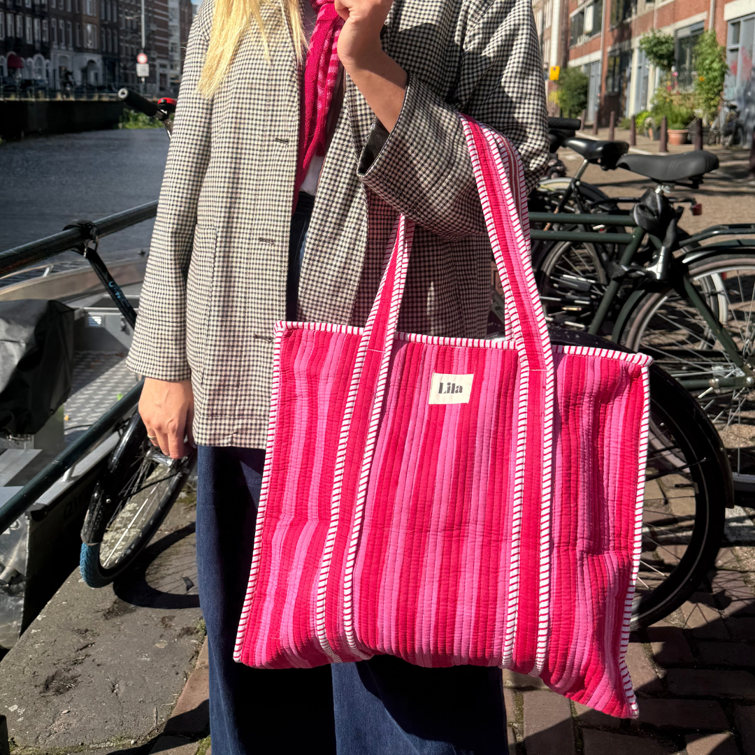 Tote bag - Rood - Roze - Strepen - inclusief toilettas -Rits