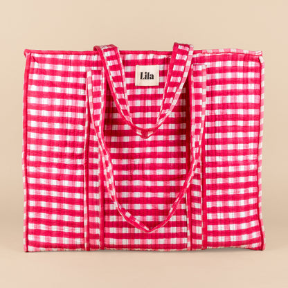 Einkaufstasche – Gingham – inklusive Kulturbeutel – Pink – Reißverschluss – Nr. 19