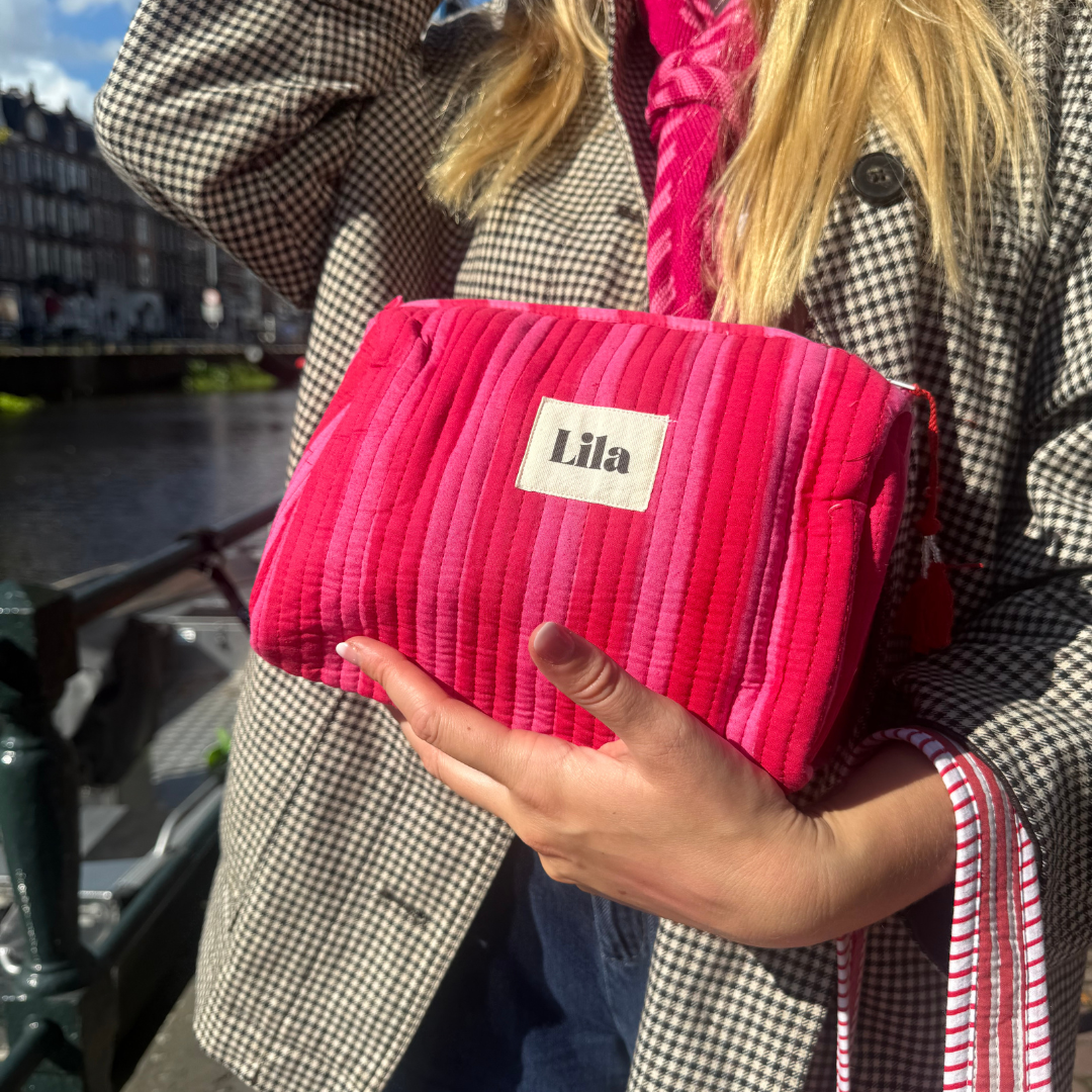 Tote bag - Rood - Roze - Strepen - inclusief toilettas -Rits