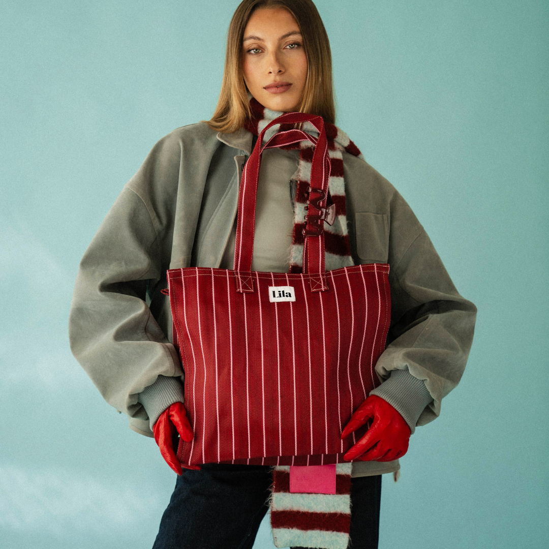 Recycled Nylon Tote - Burgundy Stripe