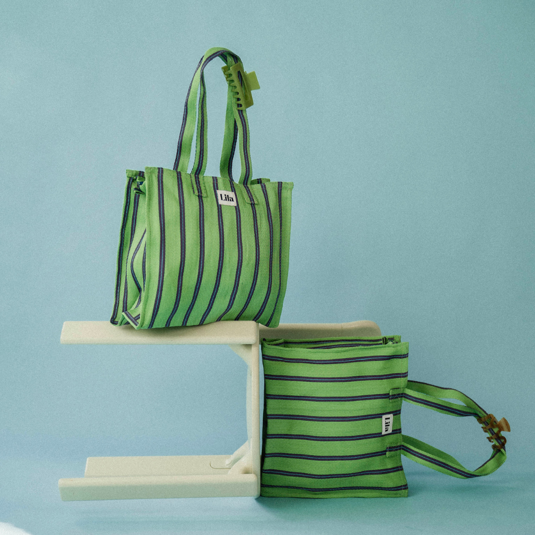 Recycled Nylon Tote - Green Blue Stripe