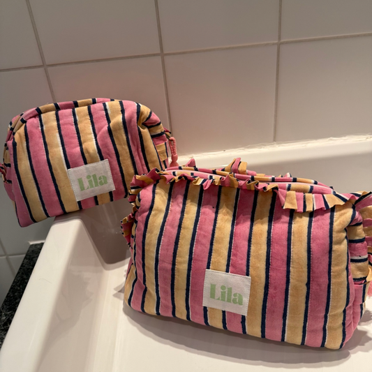 Toilettas - Strepen - Roze - Botergeel - Set